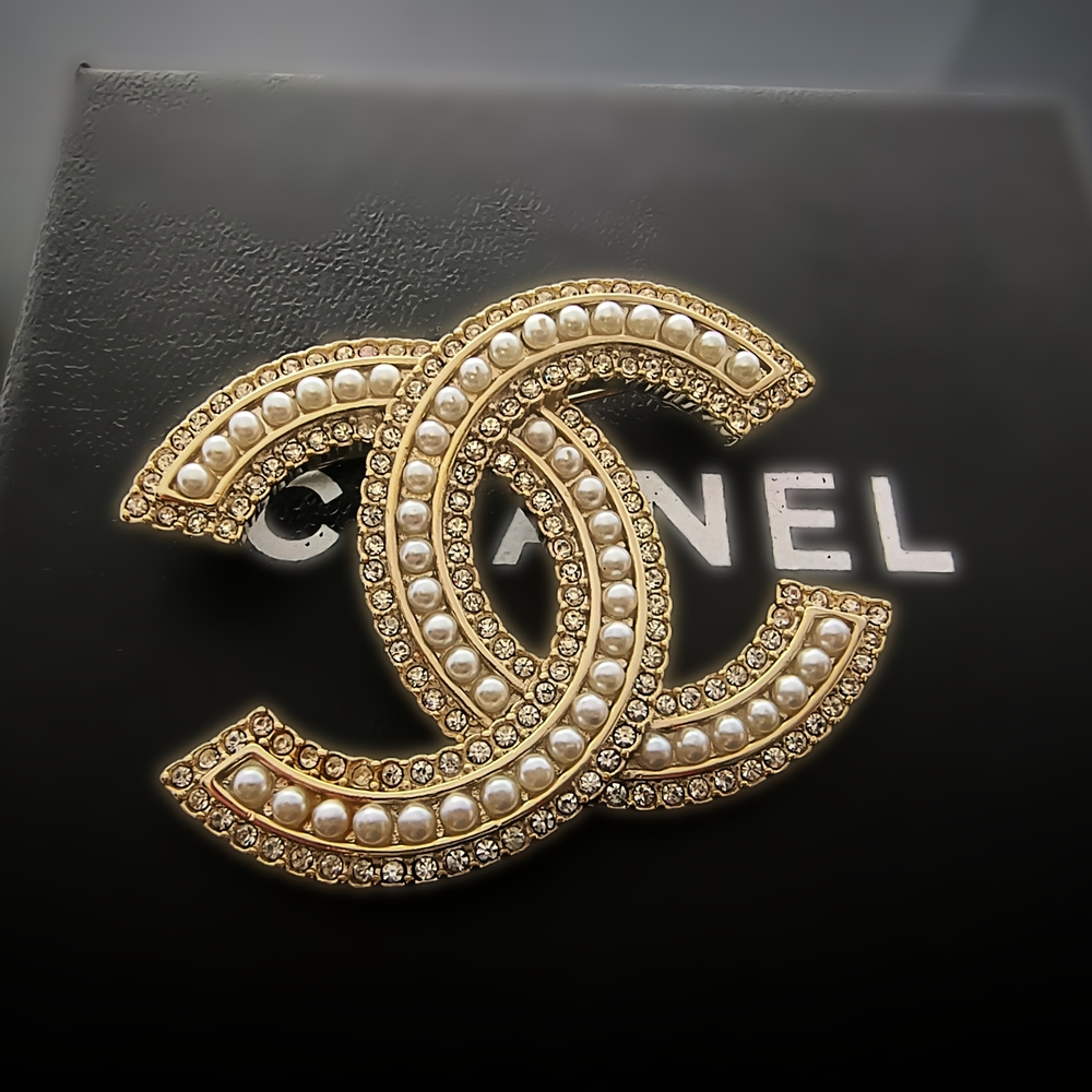 CHANEL Gold & Pearl Crystal Interlocking CC Brooch